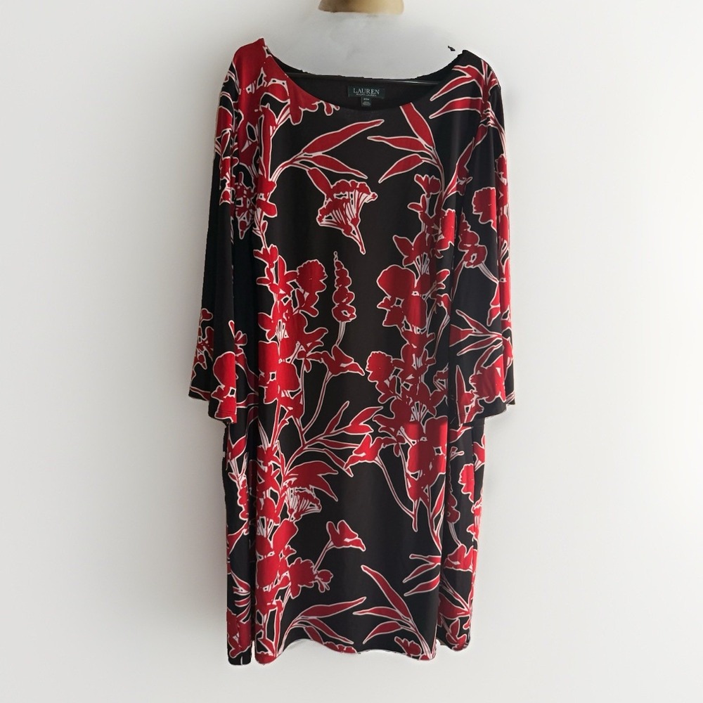 Lauren Ralph Lauren 20W Plus Black Red Floral Matte Graphic Shift‎ Dress